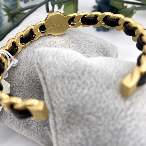 NWT Tory Burch Gold Logo,Black Leather Braided cuff Bracelet - Picture 8 of 9